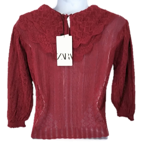 NWT Zara Pointelle Ruffle Collar Sweater - Picture 4 of 7